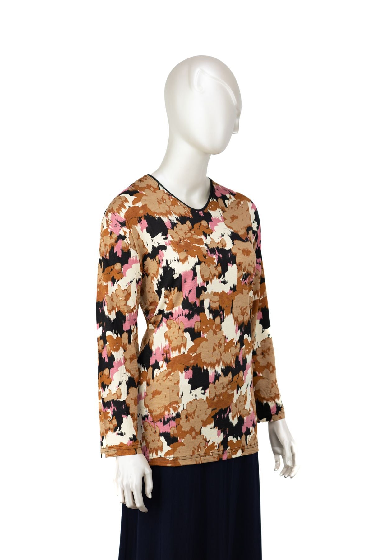 Kadın Turlu Viskon Penye Kumaş Anne Bluz Kadife Çiçeği Desenli Hafif V Yaka Tam Kalıp